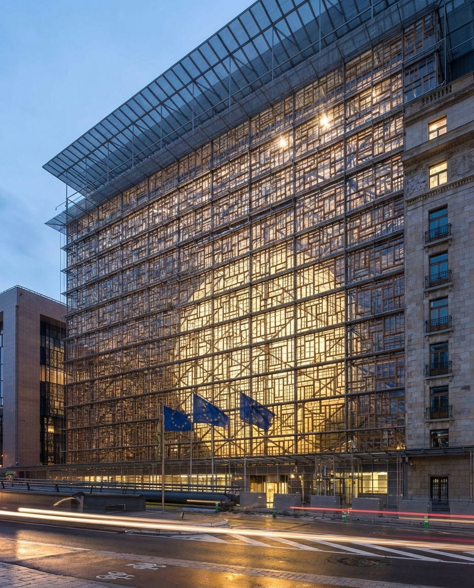 Exterior of a European Union institutional building in Brussels with EU flags