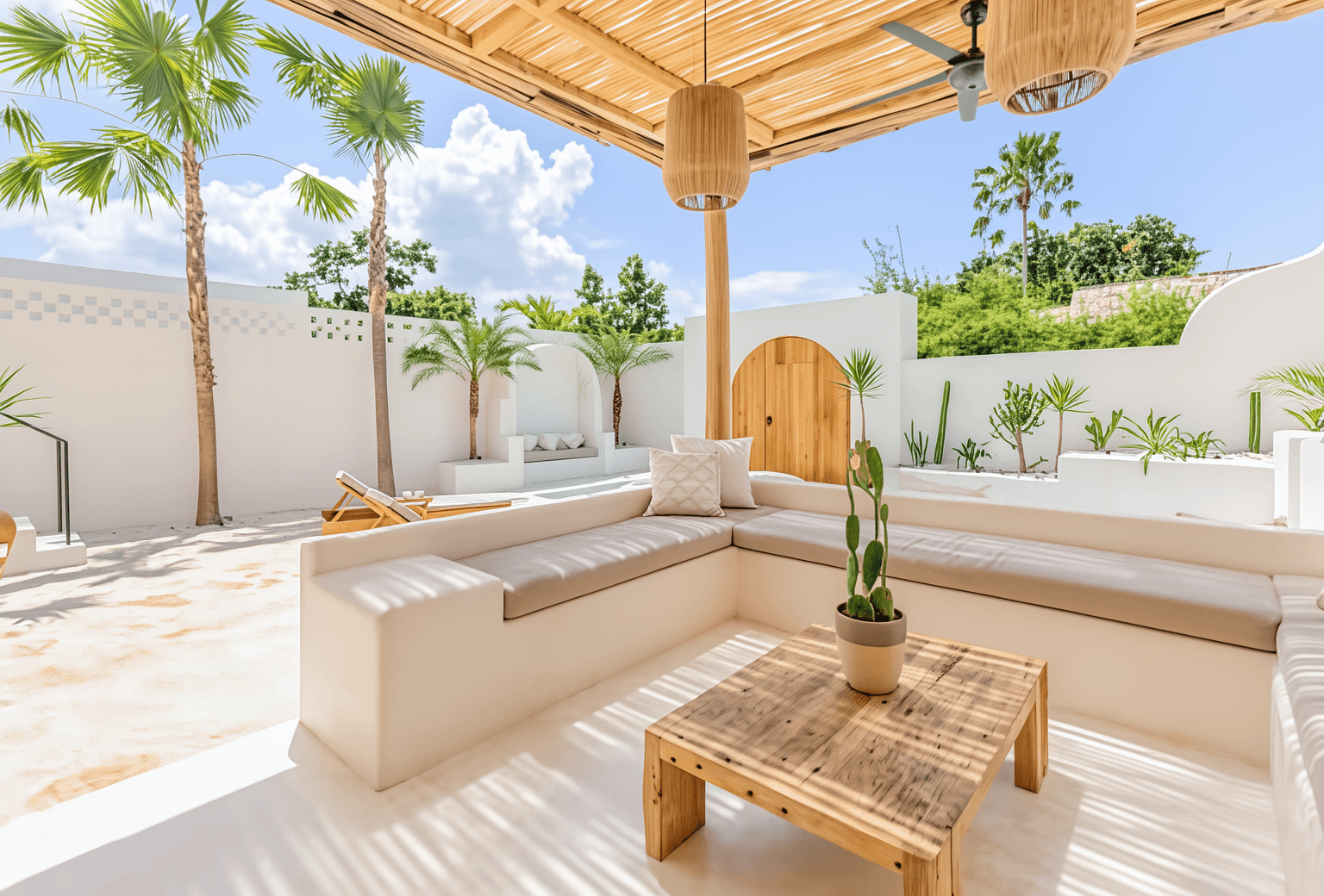 Sun-drenched outdoor lounge area by the pool. Contact our real estate agents for exclusive Pererenan villa listings.
