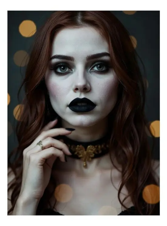 Goth AI girl with black lips and ornate golden collar