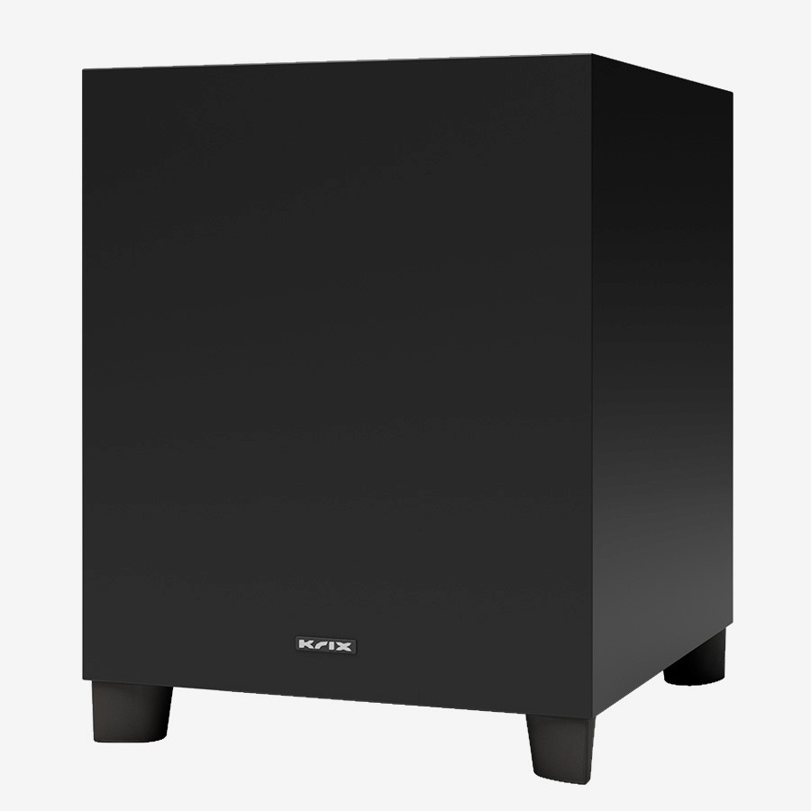 Black Krix subwoofer with silver logo and four feet