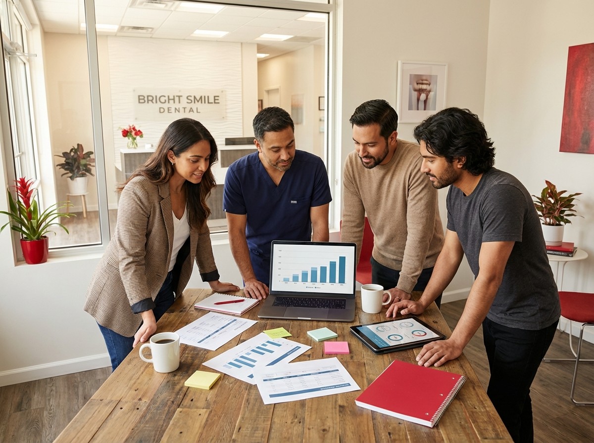 Dental professionals strategizing on dental marketing budgets