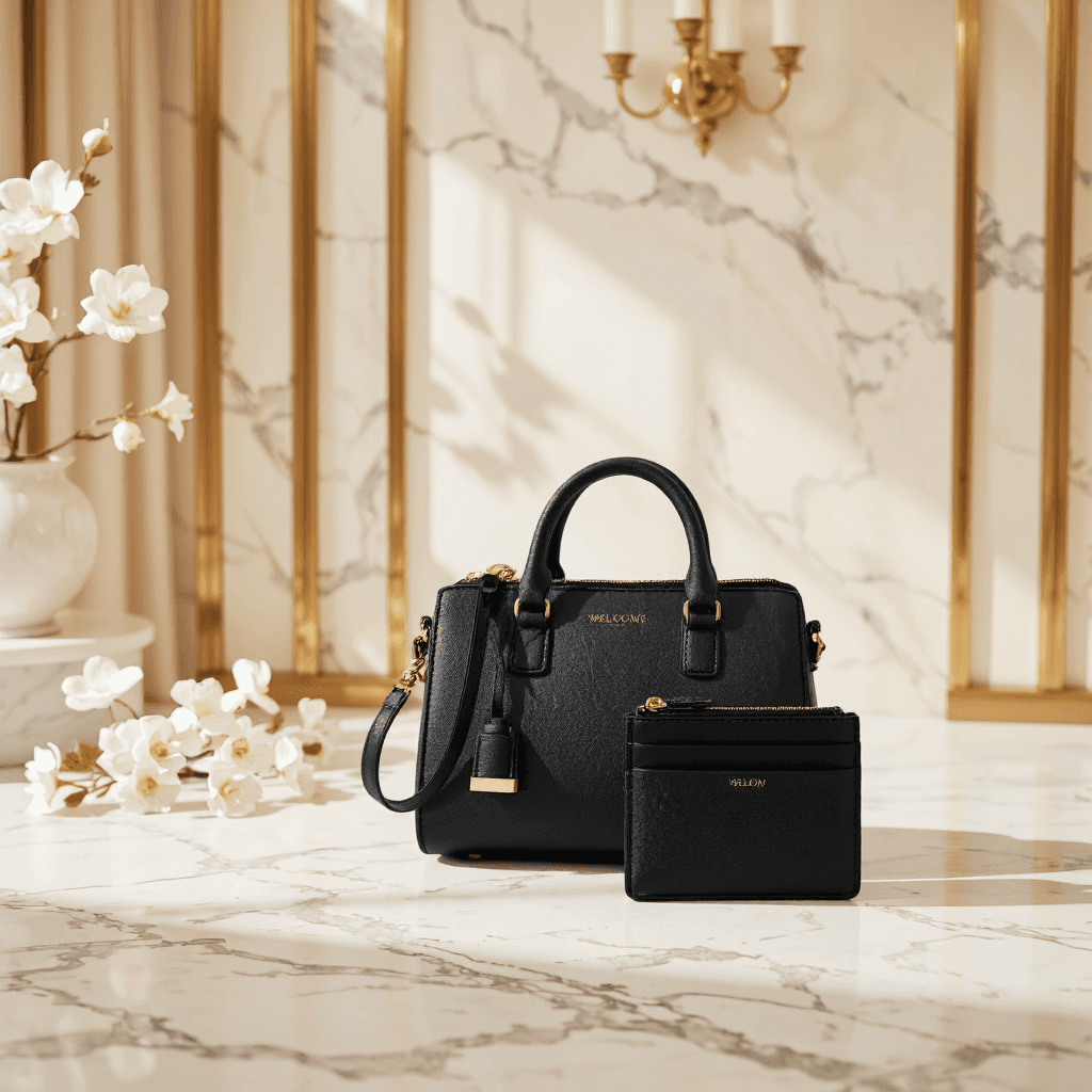 product photography of a set of black mini bag and card holder