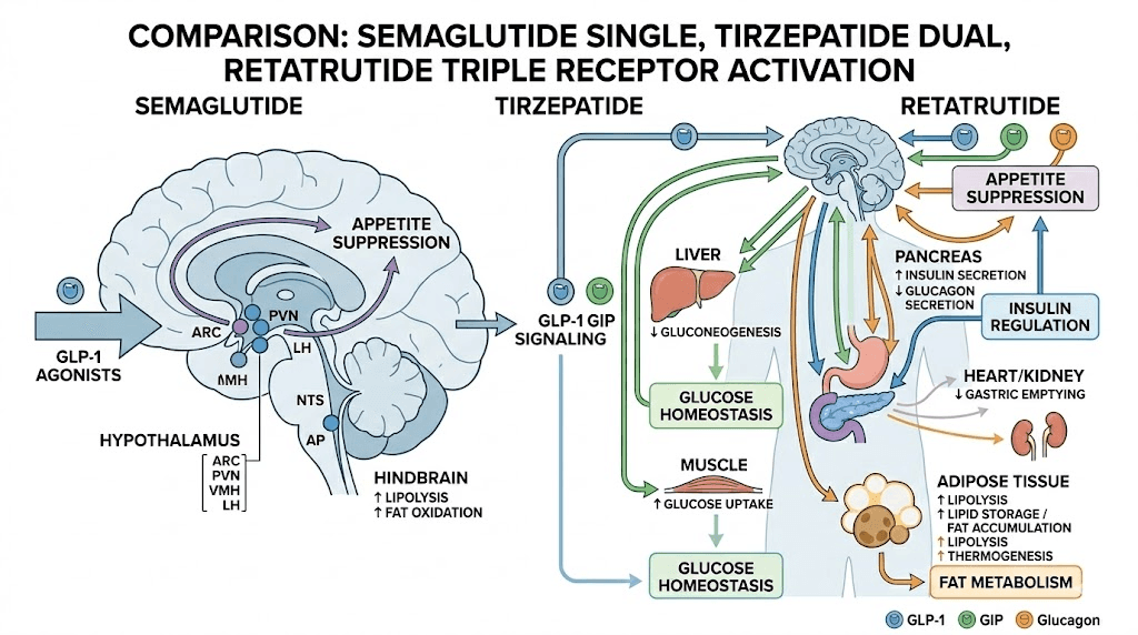 GLP-1 fat loss treatment types compared single dual triple receptor agonists