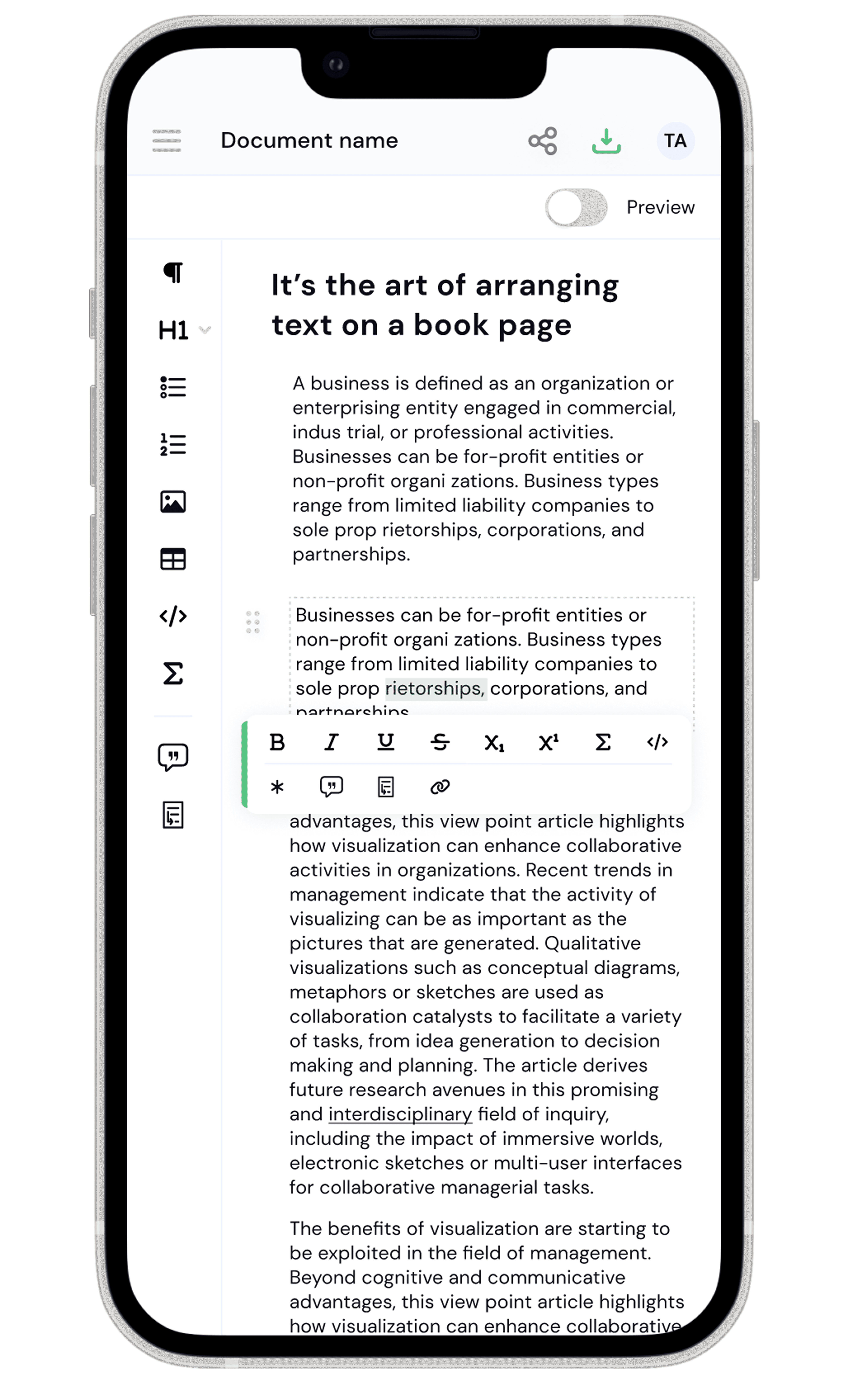 Papermill mobile interface on iPhone showing document editing with formatting toolbar and text selection options