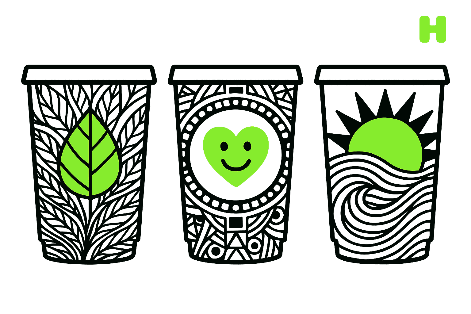 Illustration for Starbucks cup with hand-drawn patterns in black marker on a white cup
