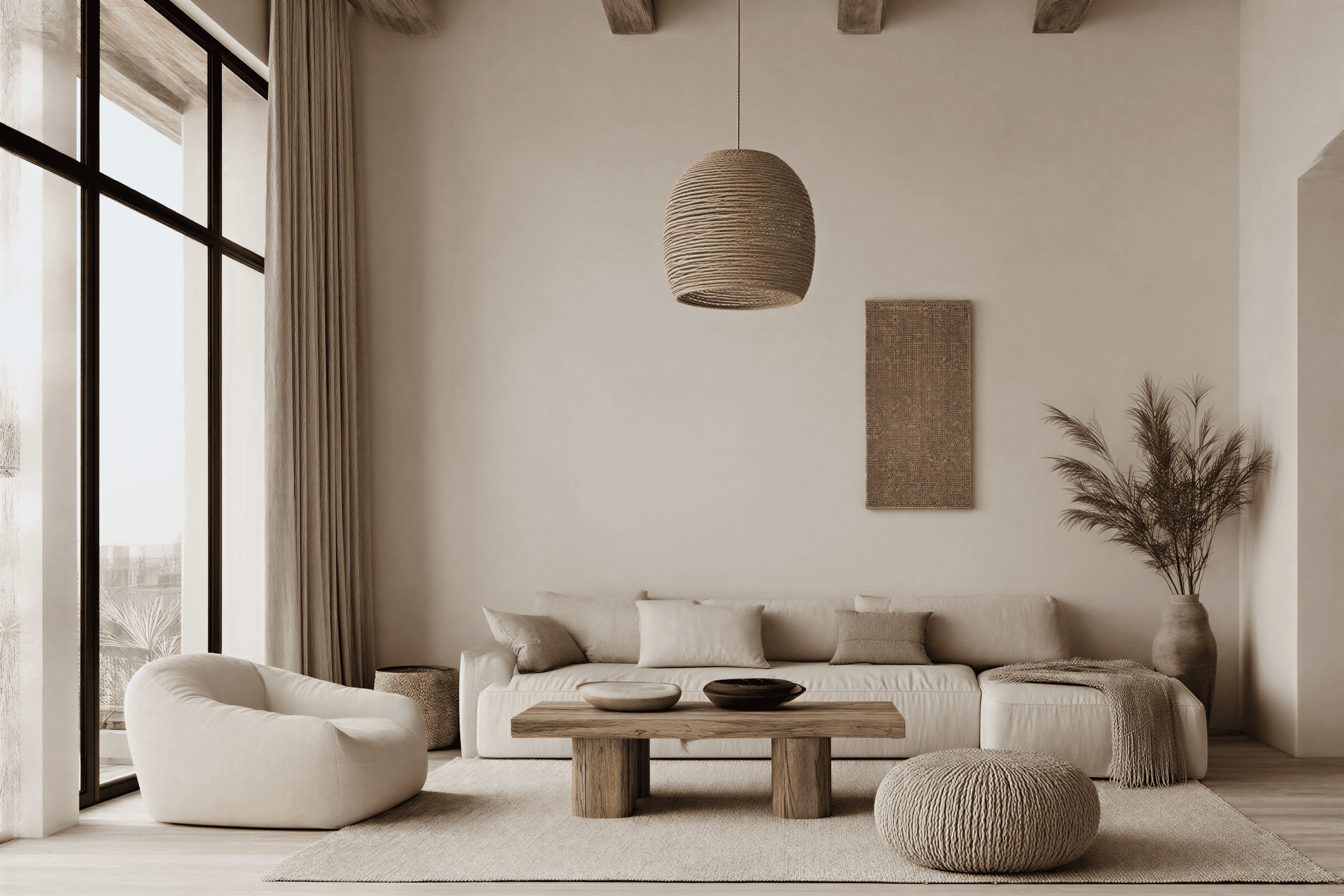 neutral living room with sofa and table at the center