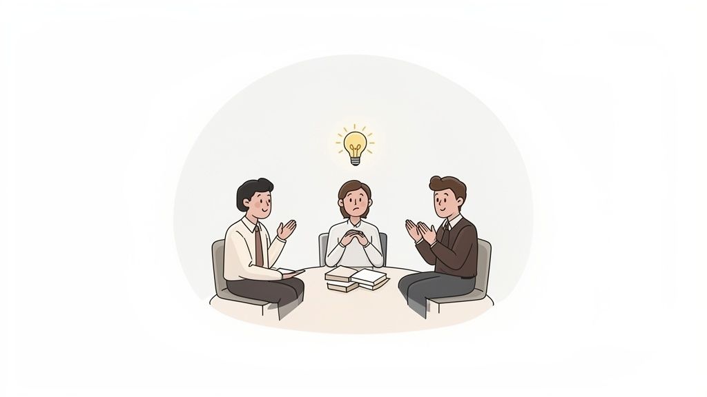 Cartoon of three colleagues collaborating on new ideas during a meeting, with a bright lightbulb overhead.