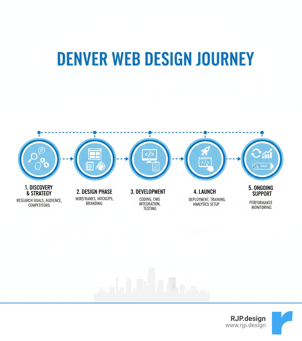 Infographic showing the Denver web design journey: Discovery & Strategy (research goals, audience, competitors) → Design Phase (wireframes, mockups, branding) → Development (coding, CMS integration, testing) → Launch (deployment, training, analytics setup) → Ongoing Support (updates, SEO, performance monitoring) - denver web design infographic