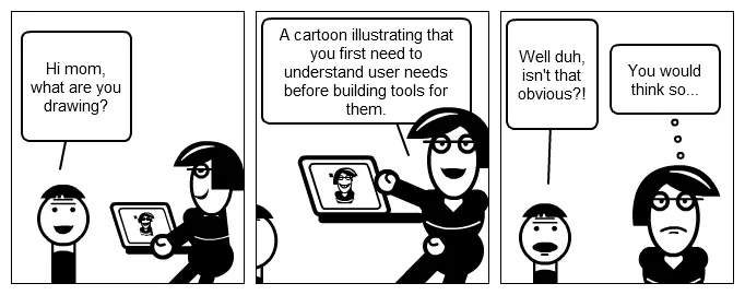 A three-panel cartoon illustrating the importance of understanding user needs in design. Panel 1: A child asks "Hi mom, what are you drawing?" as a woman draws on a tablet. Panel 2: The woman explains, "A cartoon illustrating that you first need to understand user needs before building tools for them." Panel 3: The child says "Well duh, isn't that obvious?!" and the woman thinks "You would think so...", highlighting a common oversight in product development.