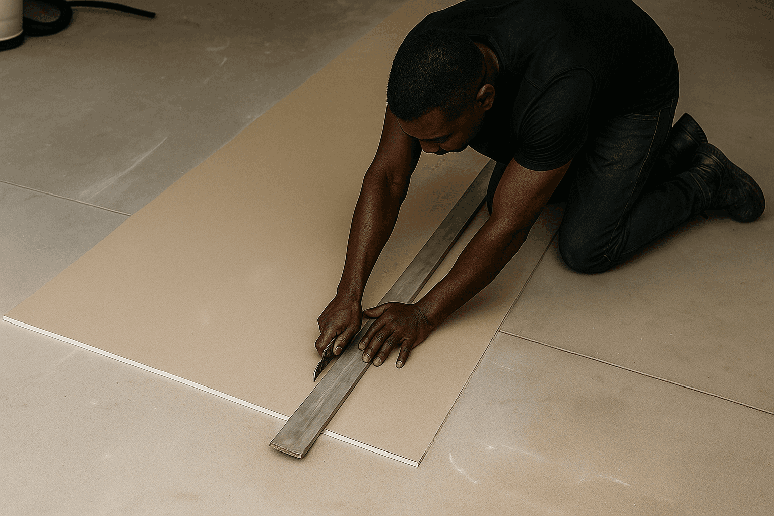 Une personne pose du carrelage sur un mur, en appliquant des carreaux blancs dont les rainures adhésives sont visibles, et en utilisant des entretoises pour l'alignement. Le travail semble minutieux et précis.