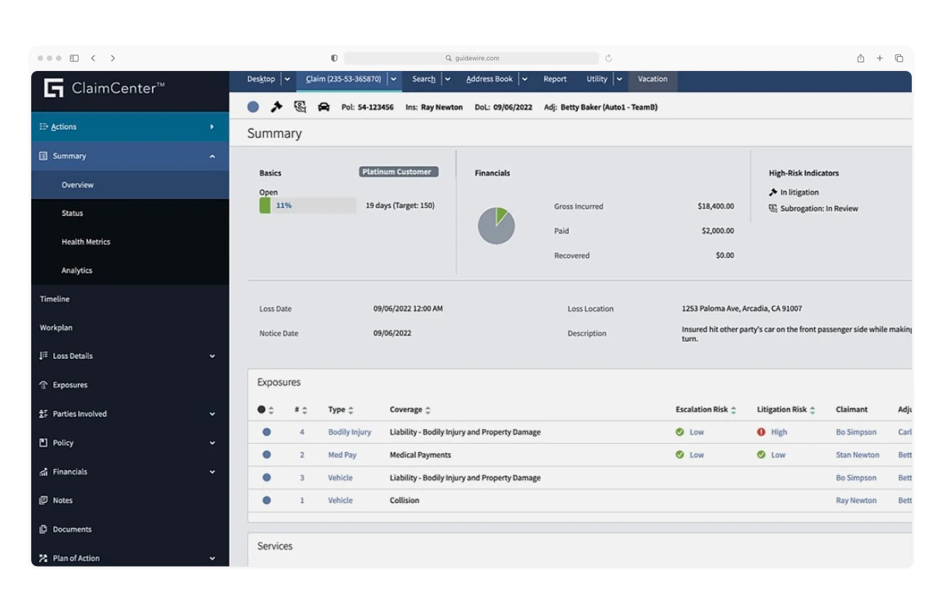 A screenshot of the Guidewire ClaimCenter interface displaying a claims summary page.