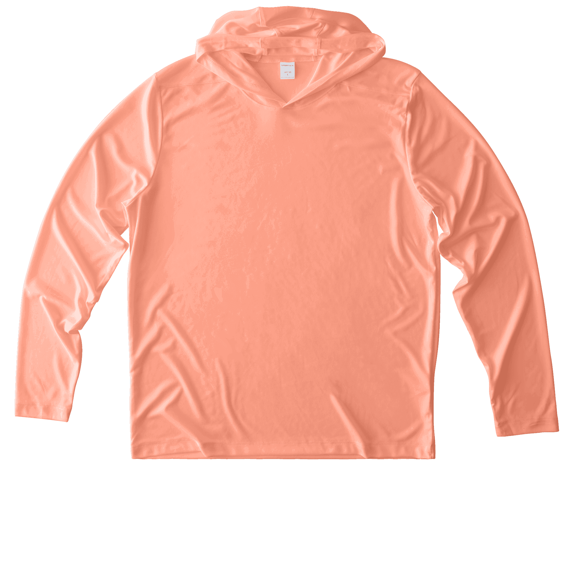 This image features a plain, peach-colored performance hoodie laid flat on a white background, showcasing its long sleeves and lightweight fabric.