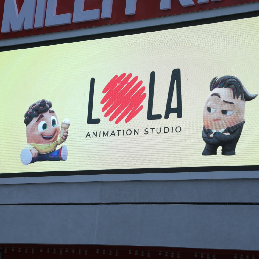 A series of images from Lola Animation's presentation at the Alisher Navoiy Kinochilar Uyi, showcasing a large Lola Animation Studio banner with cartoon characters, a speaker addressing the audience, a group of people on stage with a "Lola Animation" backdrop, individuals conversing in a red-walled room, a crowded auditorium watching a presentation, and two men in suits discussing during the event.