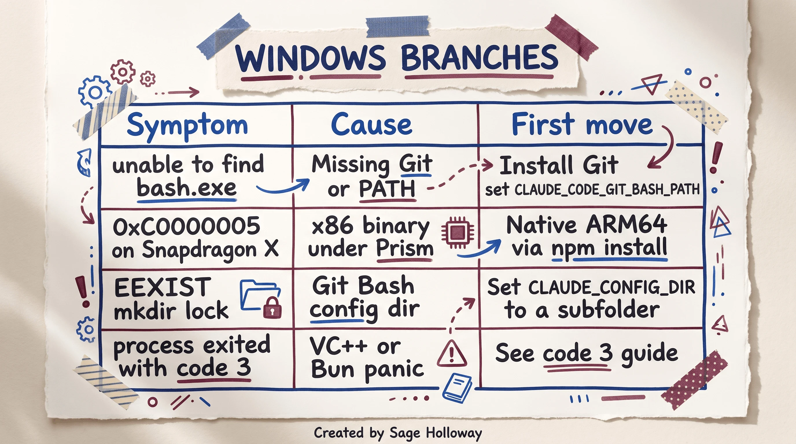 Table of Windows Claude Code code 1 fixes: Git bash path, ARM64 Prism 0xC0000005, and EEXIST CLAUDE_CONFIG_DIR