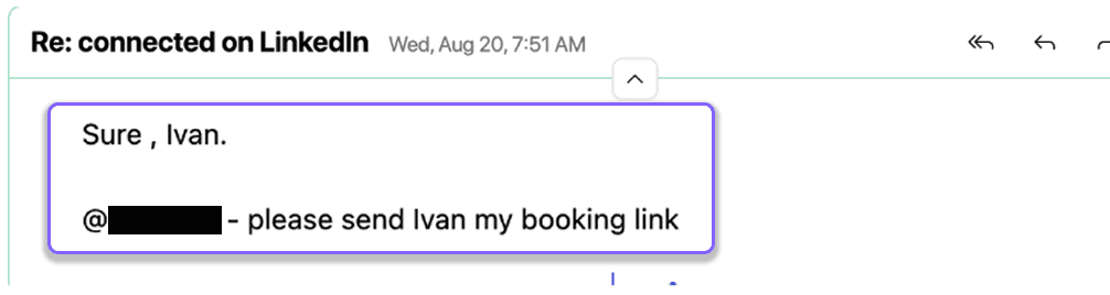 Re: connected on LinkedIn, "Please send Ivan my booking link."