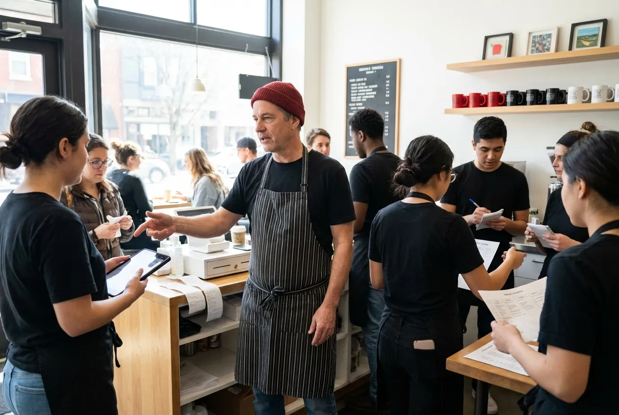Team meeting in a cafe by RockN' Socials, a digital marketing agency.