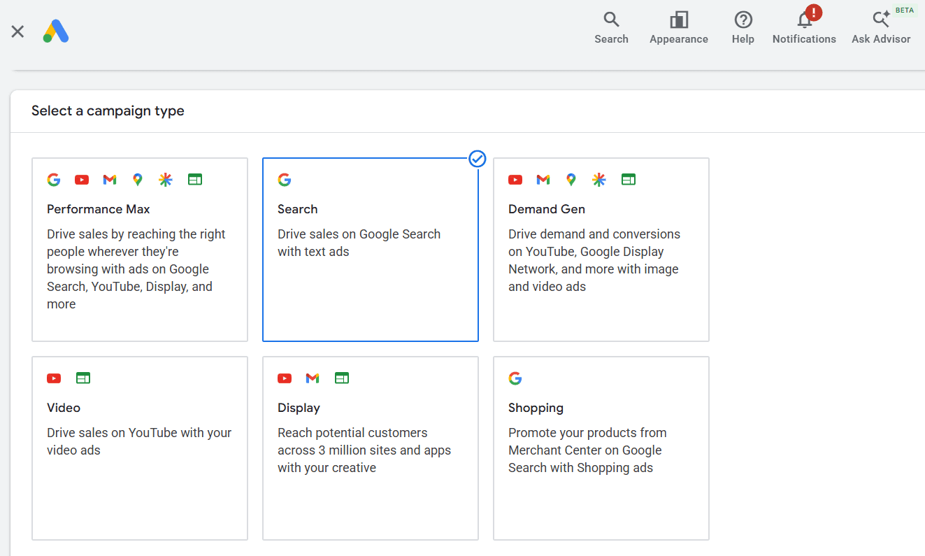 Picture with Google Ads campaign types to select