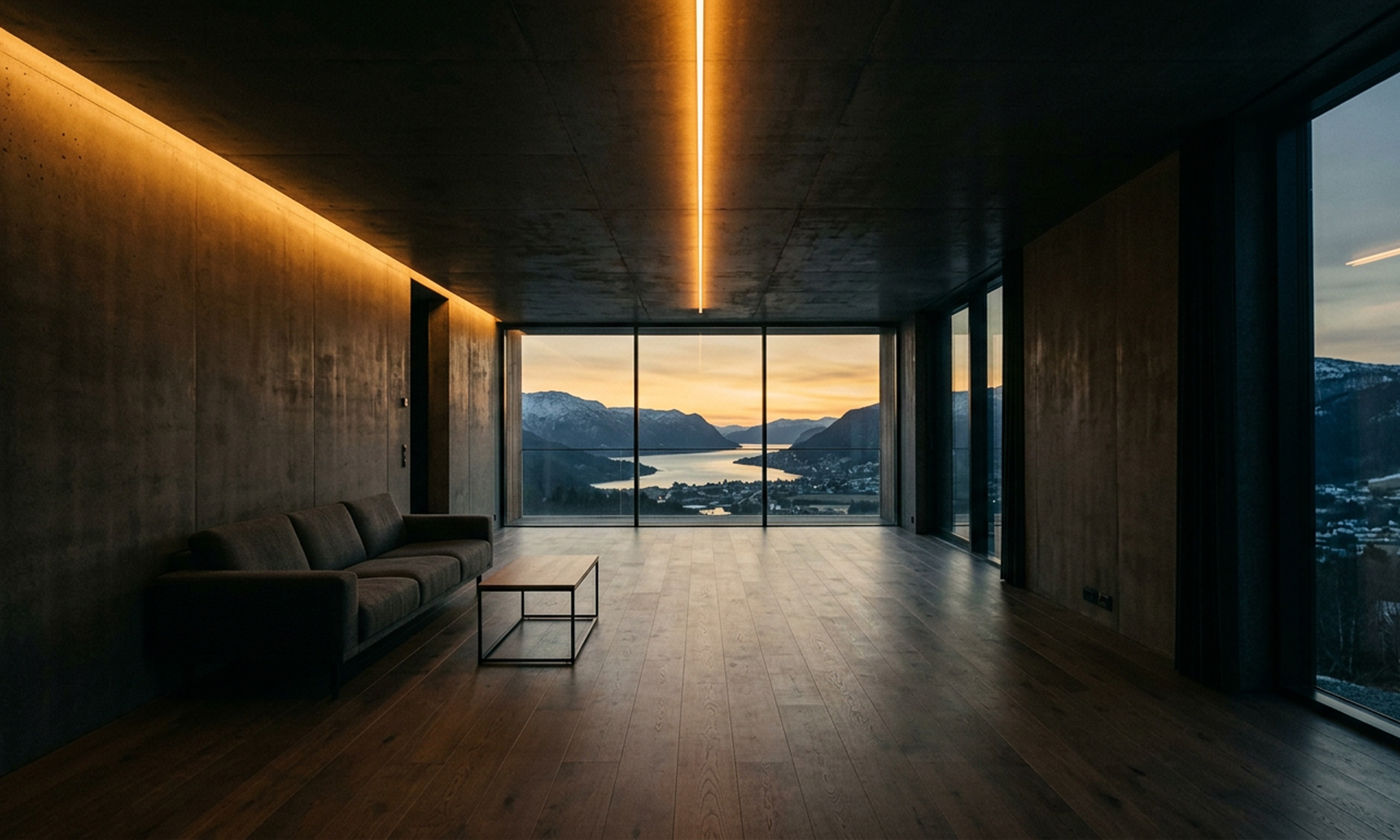 Interior of Steinhaus Pavilion, a vast open-plan Oslo apartment with exposed concrete walls and warm linear ceiling lighting