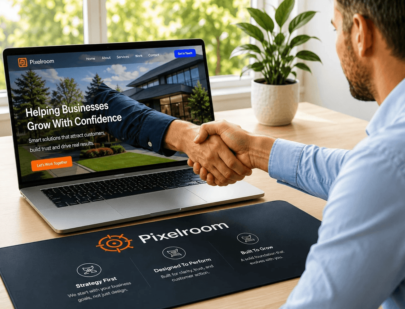 Customer-focused website design by Pixelroom, showing a business owner building trust through a professional website designed to convert visitors into customers.