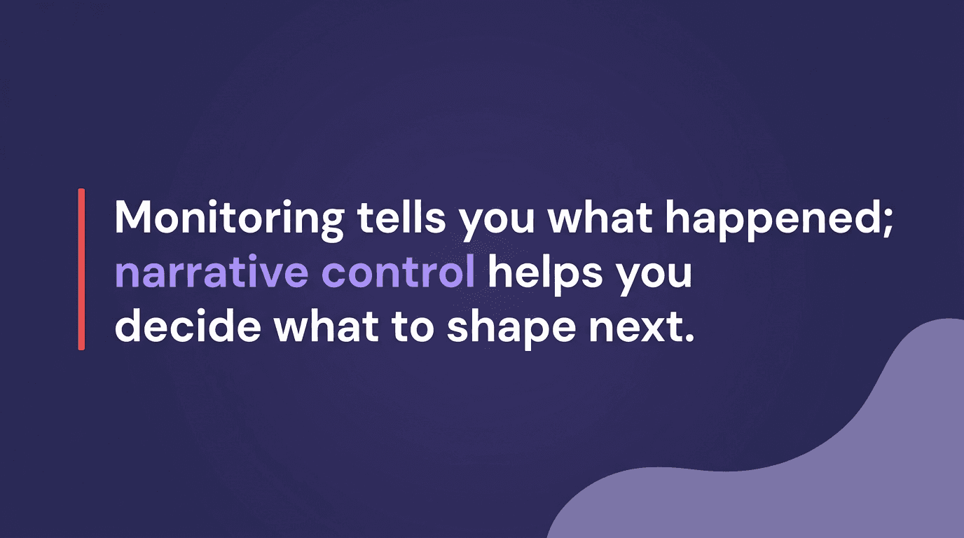 Pull quote reading: monitoring tells you what happened, narrative control helps you decide what to shape next
