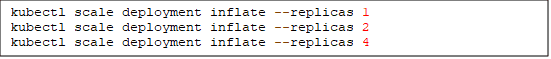 Three kubectl scale commands raising the inflate deployment to one, two and four replicas