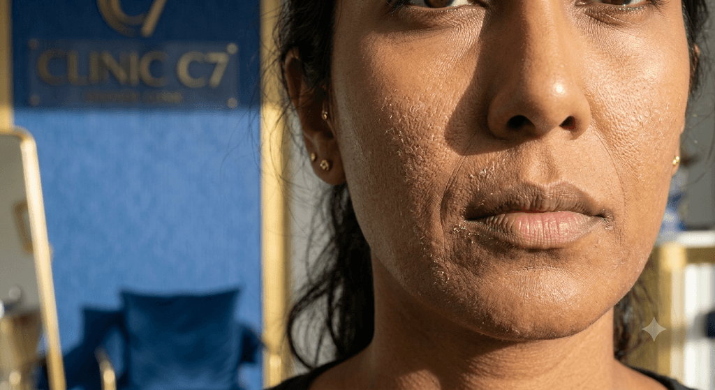 A detailed macro photograph focused on the cheek and around the mouth of a South Asian woman in her 30s. The skin surface appears visibly dull, tight, and dehydrated. Fine, microscopic flaking or peeling of dry skin is visible on the surface. The lighting is harsh natural light, which emphasizes the lack of moisture, rough texture, and exaggerated fine lines caused by dehydration.