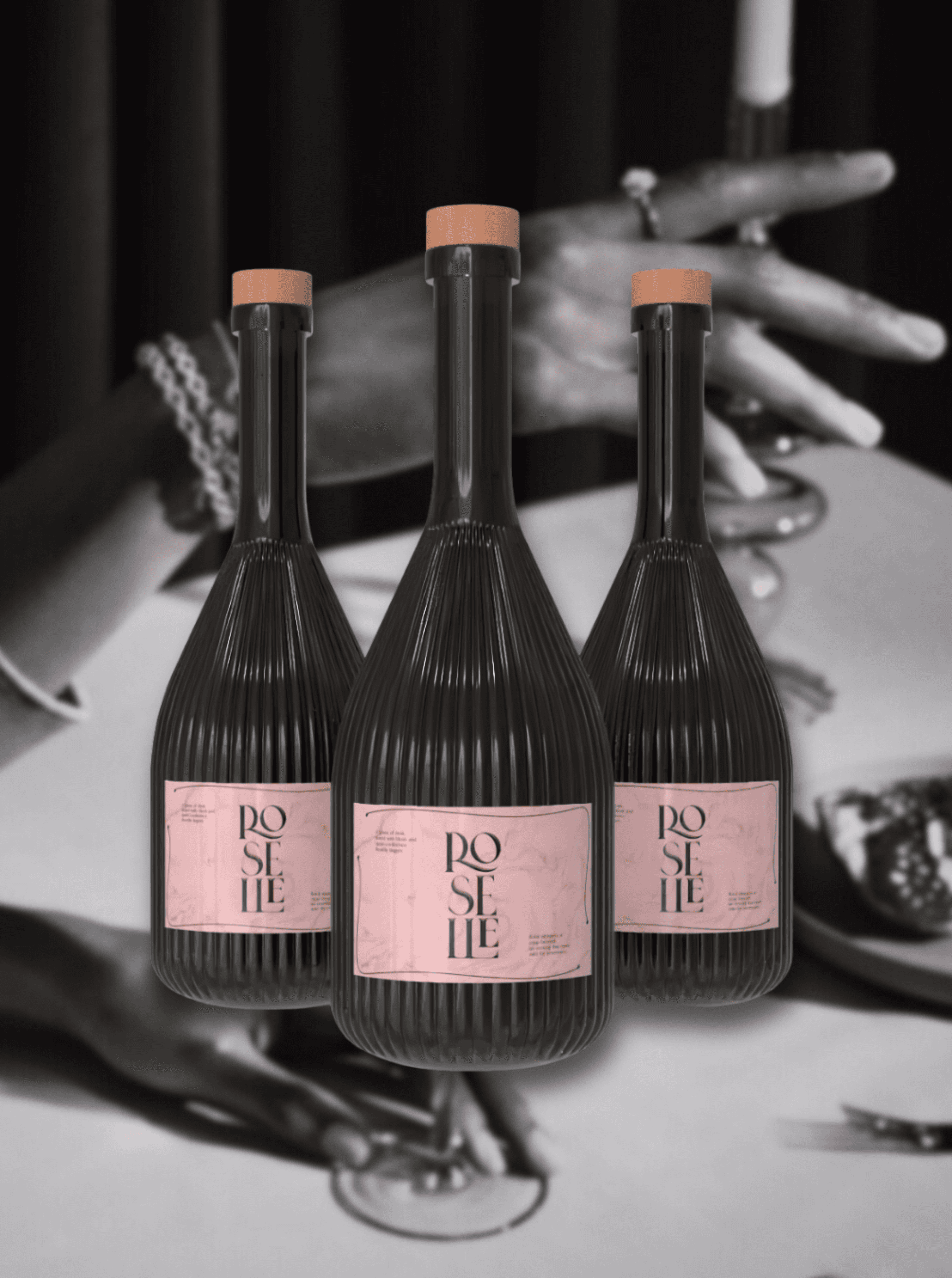 3 wine bottle with pink packaging labels
