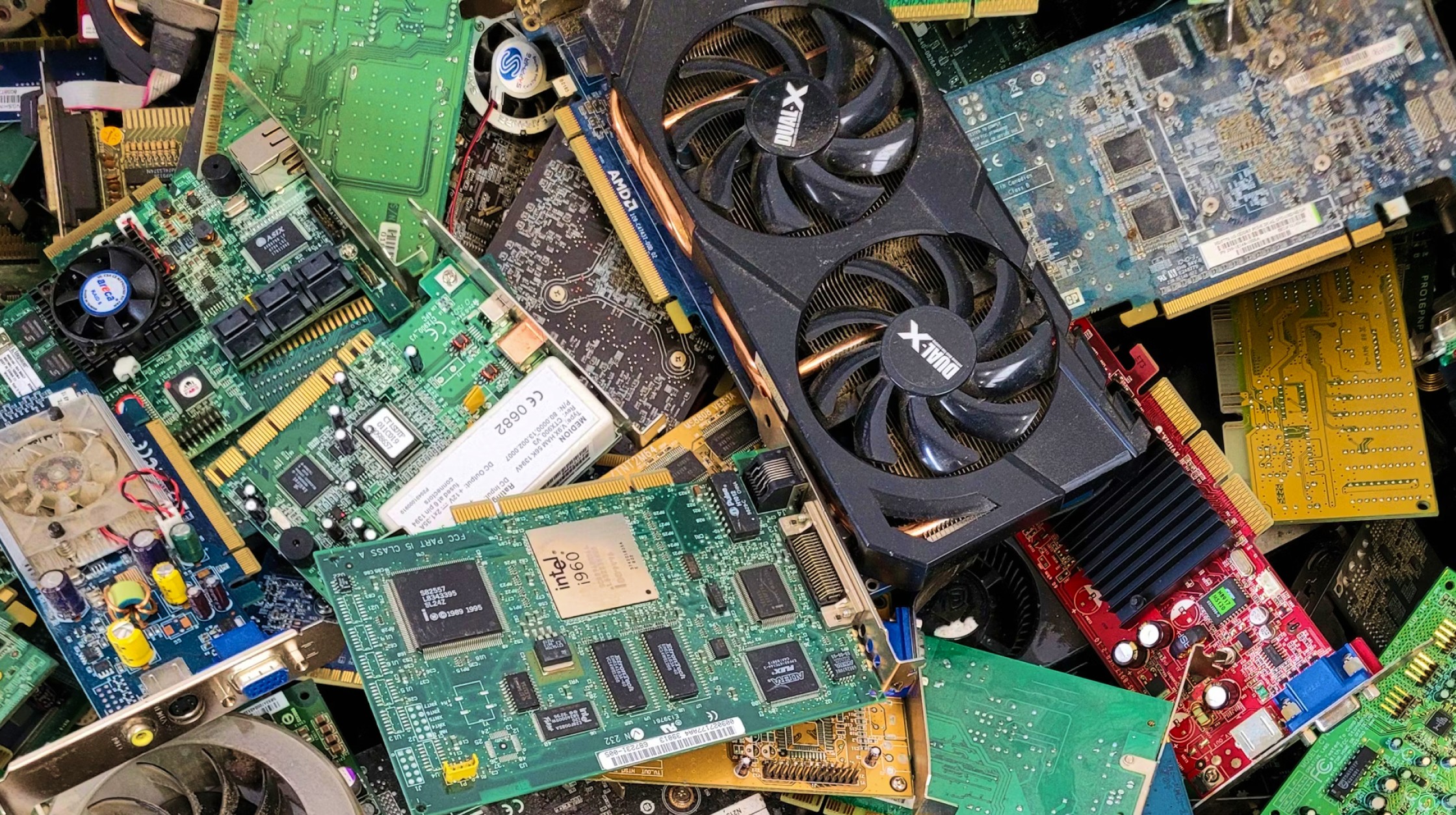 A photo of circuit boards and ewaste