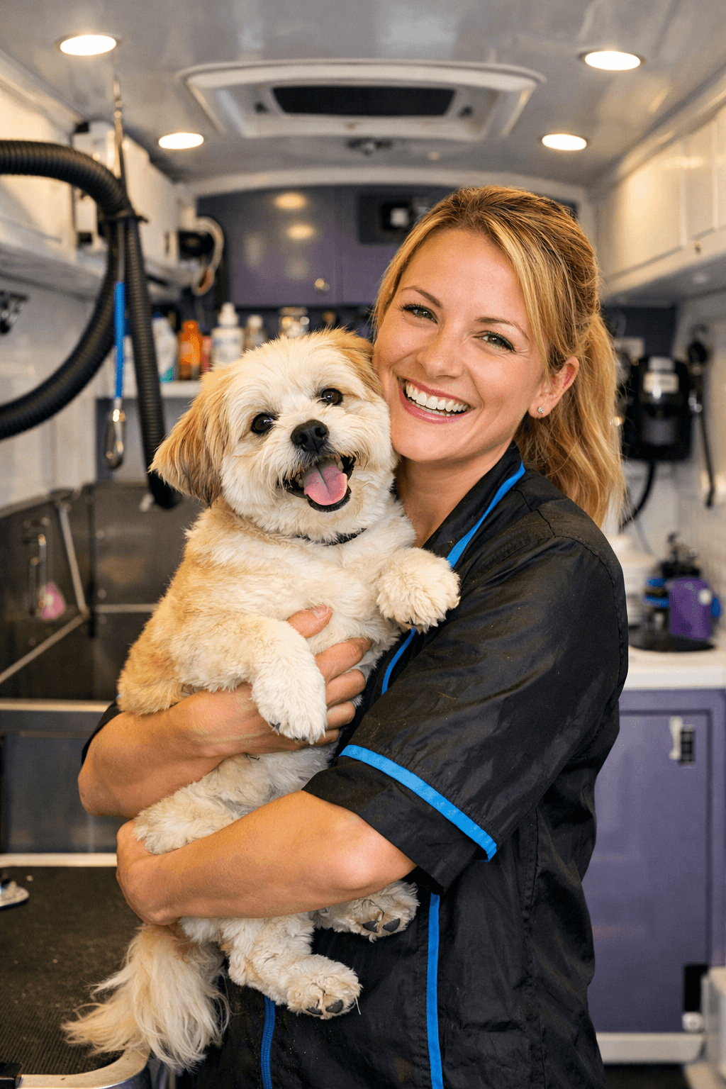 Mobile pet grooming dashboard app on iPhone screens showing appointments, pets, and revenue analytics for grooming businesses