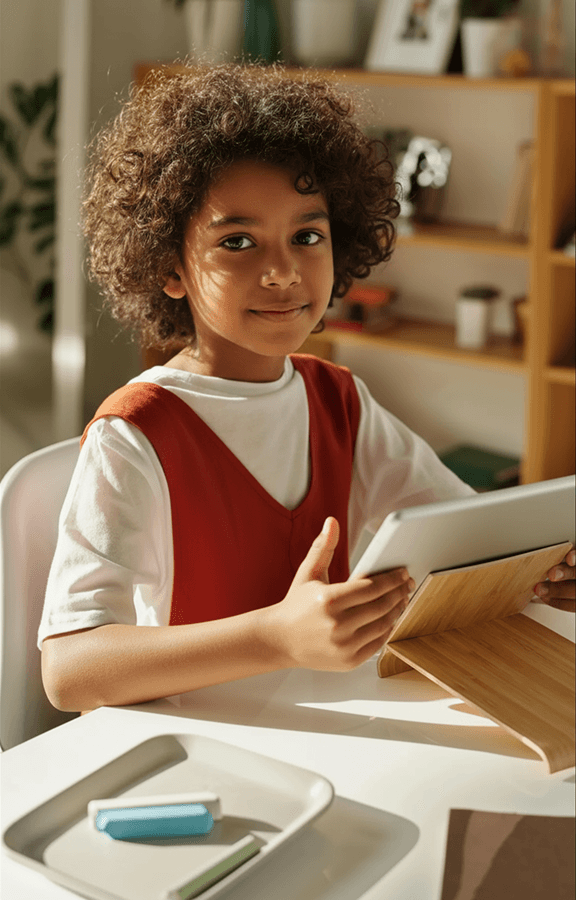 A cheerful student holds a tablet, smiling brightly
