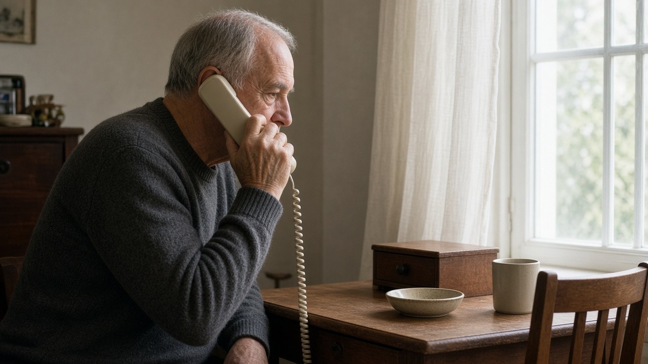 This image shows an elderly man sitting at a wooden table by a window, using a corded landline telephone. The setting appears to be a cozy room with soft natural lighting coming through sheer curtains. On the table, there is a ceramic bowl, a mug, and a small wooden box, contributing to a simple, homey atmosphere. The image can be used to represent topics related to communication for elderly individuals, including considerations for dementia patients and the importance of accessible phone devices in home care environments.