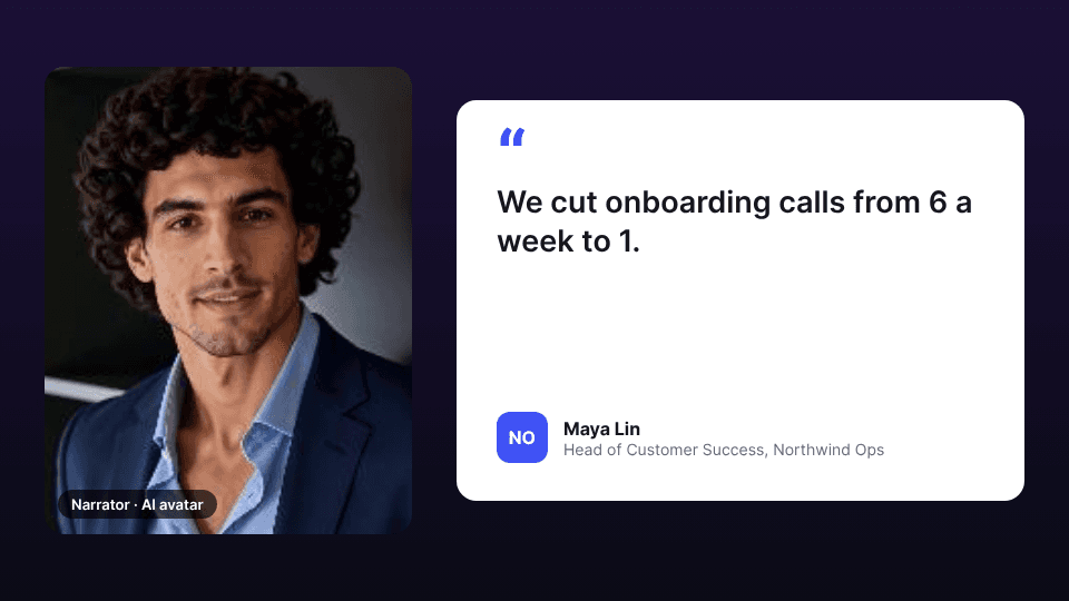 An AI avatar labelled as narrator next to a separate quote card attributed to the customer