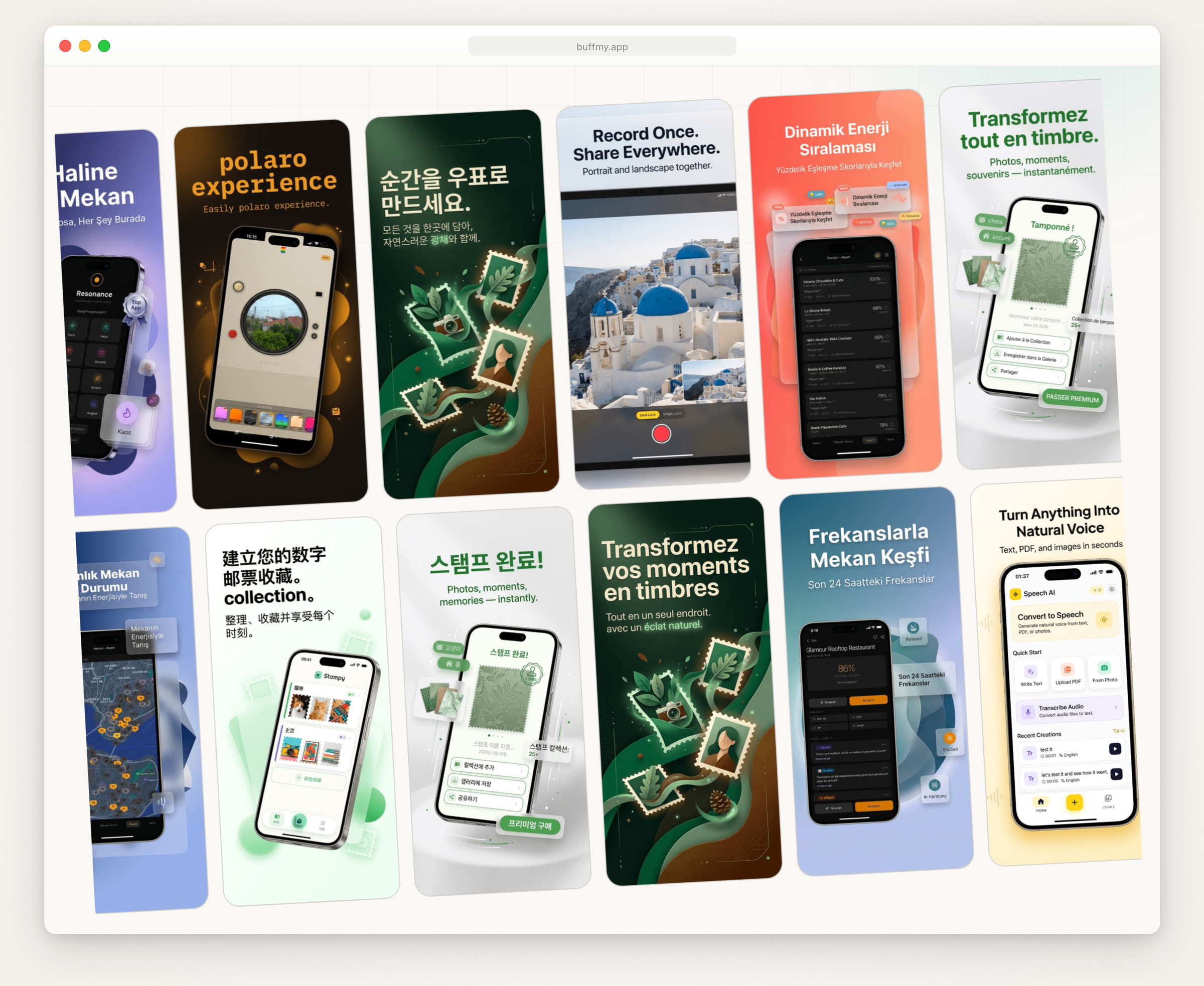 Twelve App Store screenshots from Buff My App’s homepage in two rows, with headlines in English, French, Korean, Chinese and Turkish over photos, gradients and illustrated backgrounds