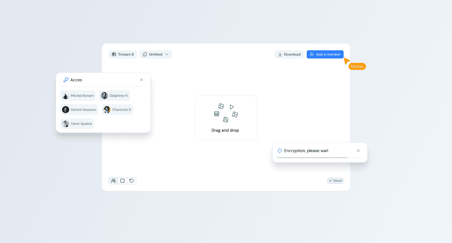 Vaultik dashboard showing file drag and drop interface with team access panel and encryption status notification