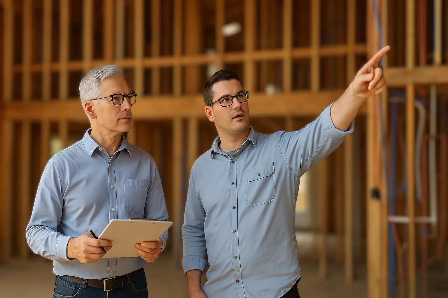 Discussing home renovation cost during a site inspection of a two-story house.