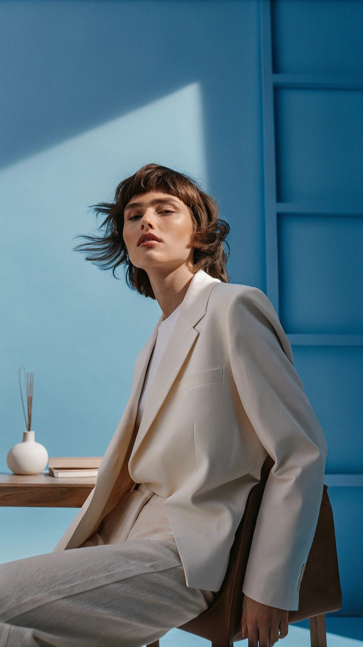 A model wearing an elegant cream blazer sits on a chair against a bright blue background, showcasing a modern and minimalist professional style.