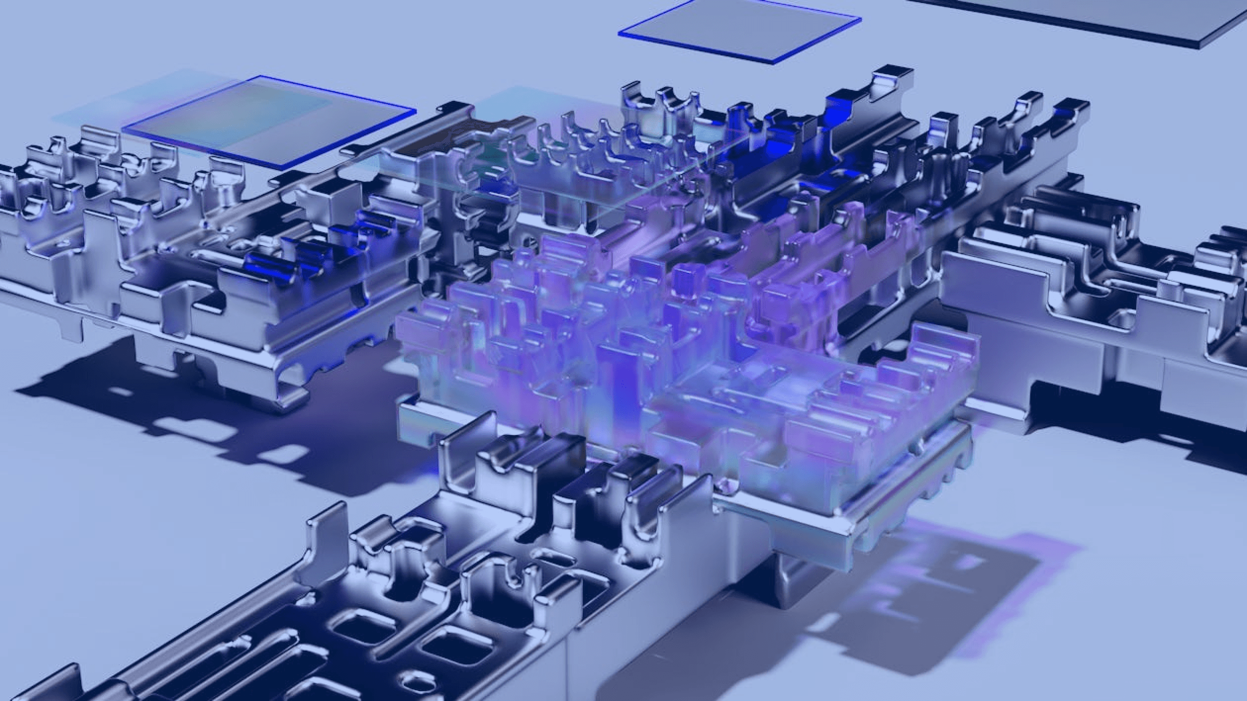 3D isometric illustration of AI hardware components arranged in a circular pattern, featuring processors, circuit boards, and geometric shapes in metallic blue tones