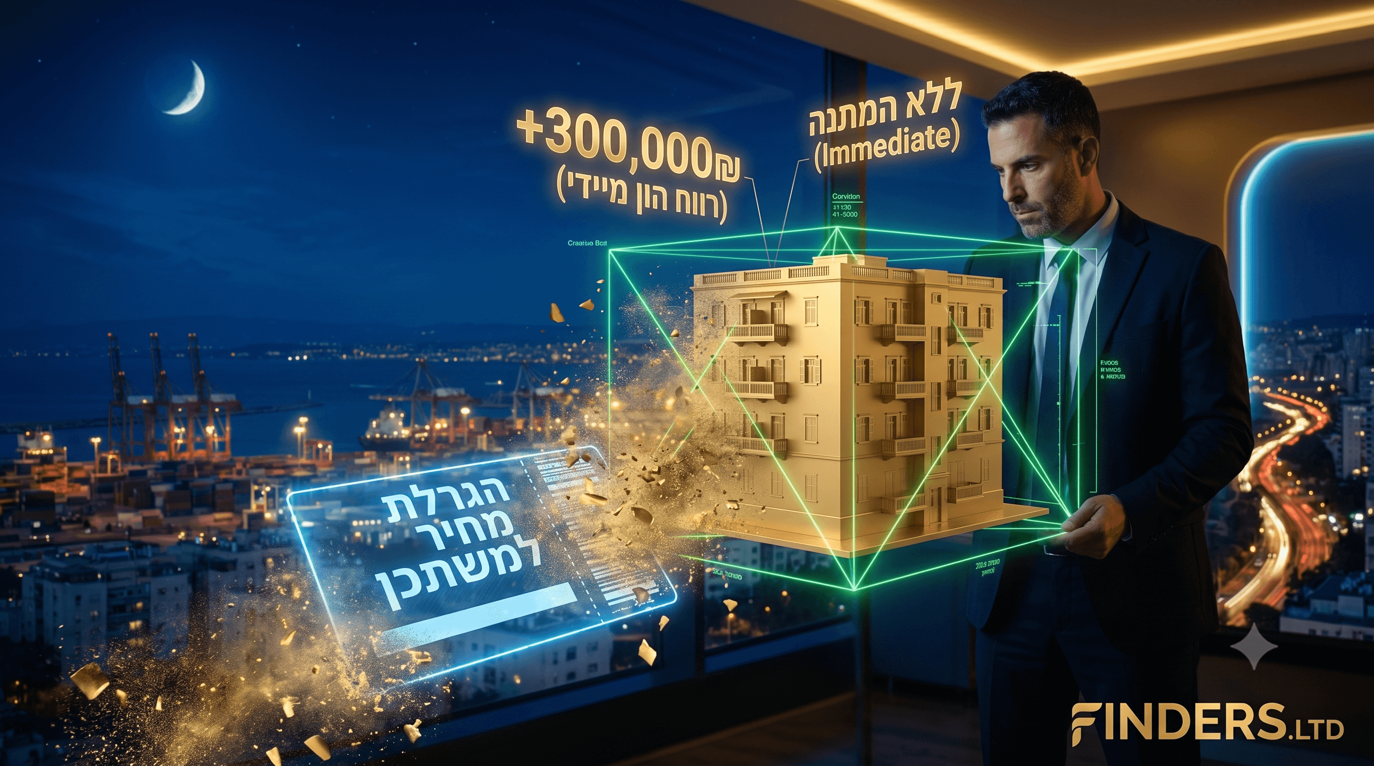 הניגוד בין כרטיס הגרלה הולוגרפי של "מחיר למשתכן" המתמוסס לאבק, לבין דגם מוצק ומניב של בניין מגורים מזהב, המסמל רווח הון בטוח ומידי בחיפה דרך ליווי משקיעים בנדל"ן של Finders ליווי משקיעים בנדל"ן