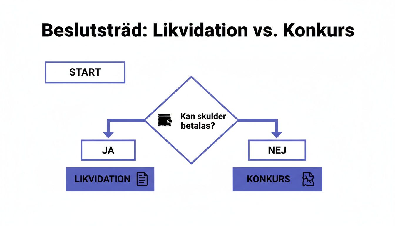 Flödesschema som visar beslutsträd för likvidation eller konkurs baserat på om skulder kan betalas.