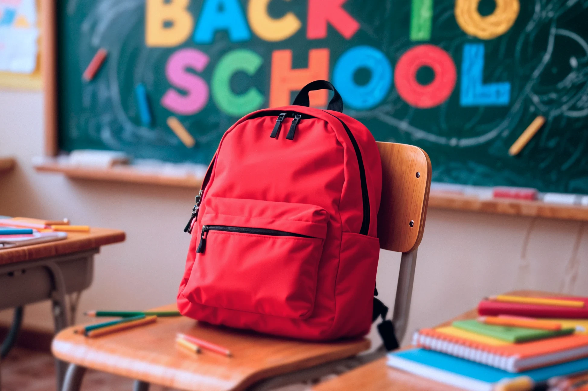 School backpack on classroom chair