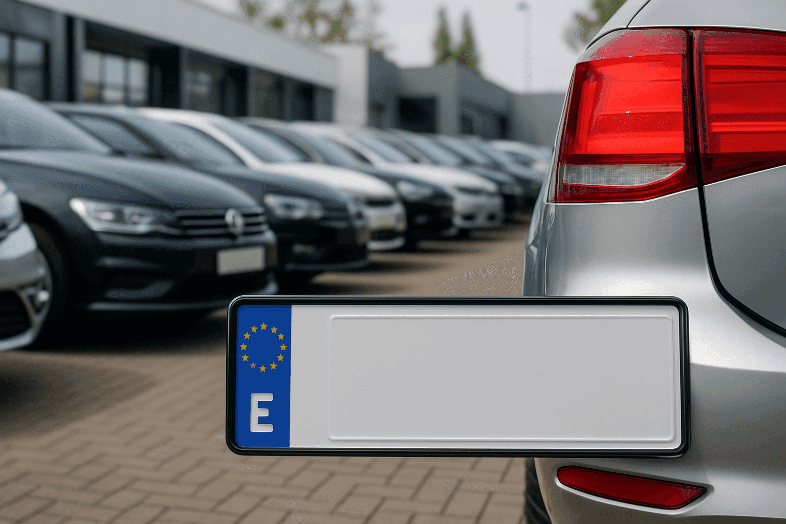 European license plate with a row of parked cars.