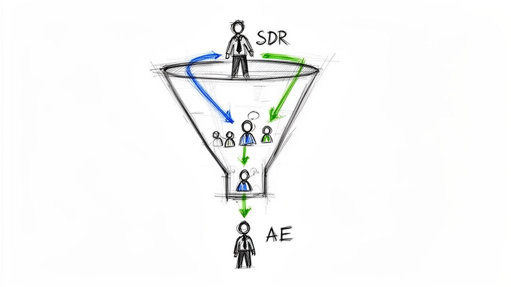 A hand-drawn sales funnel illustration showing an SDR at the top, generating leads, which convert to an AE.