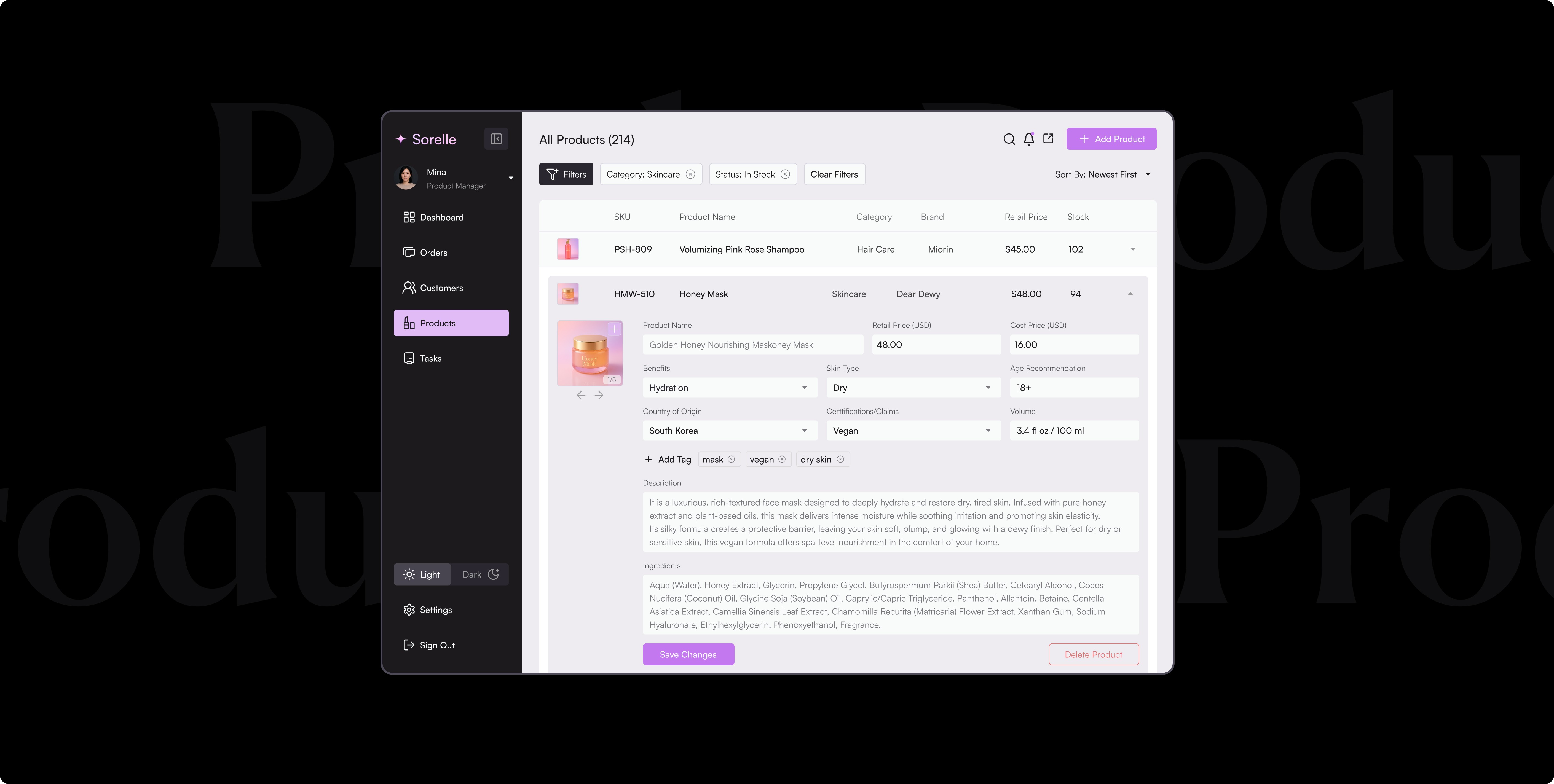 Pruduct page mockup admin panel