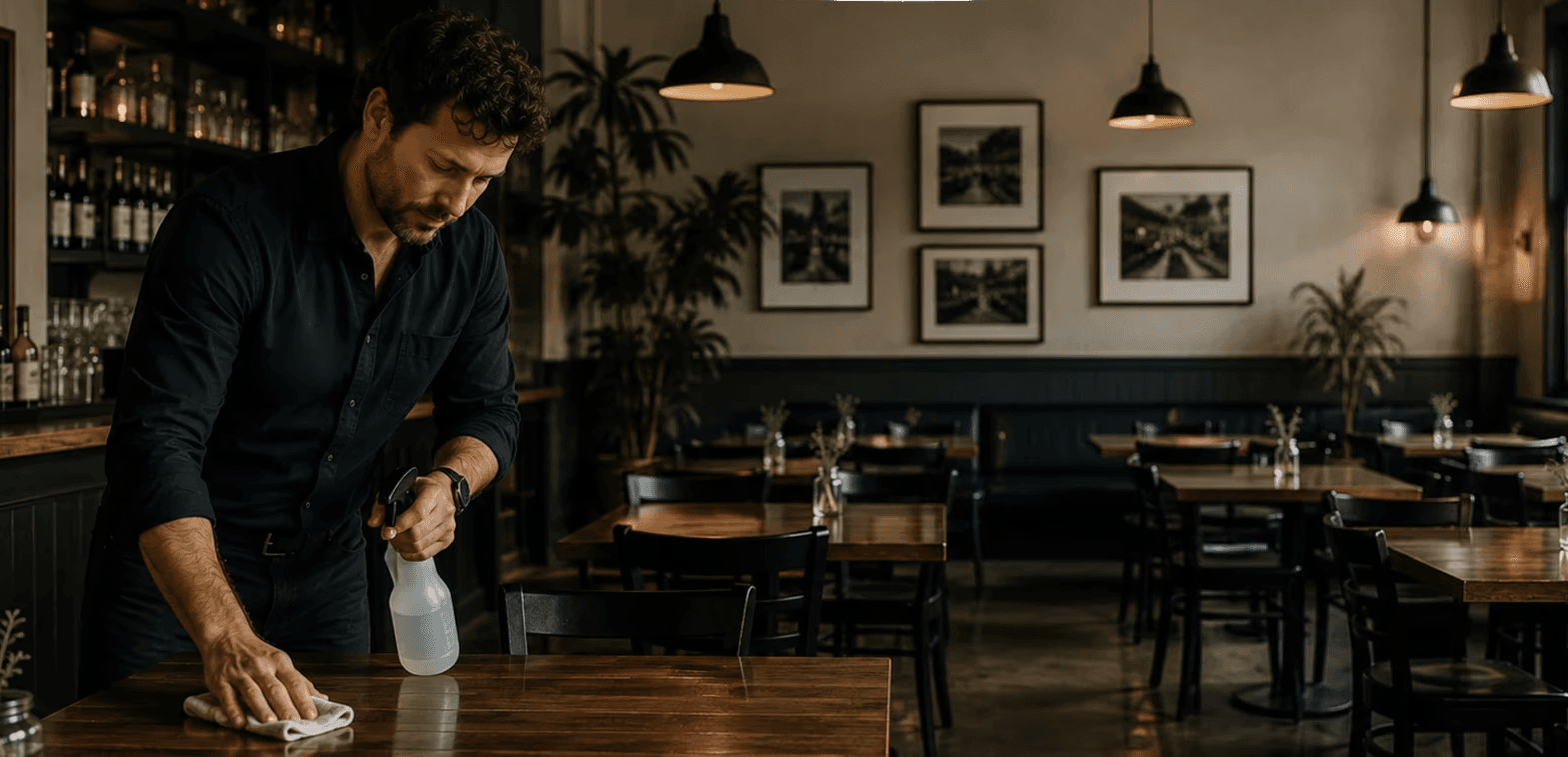 Restaurant manager wiping down table in a restaurant dining room.