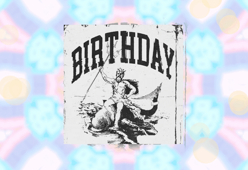 A scalloped flower-shaped card reading "it's my birthday" in lowercase, placed on a pink-orange ombré background with a dreamy, sunset-toned gradient.