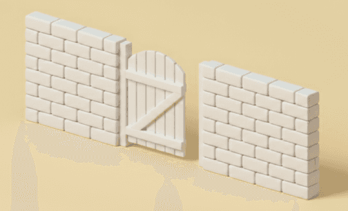 An isometric 3D illustration of a brick wall with a wooden gate