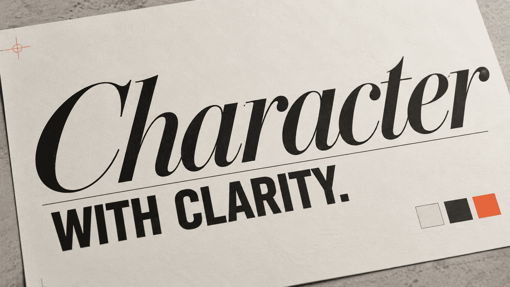 Refined italic serif and bold sans-serif paired on a printed type specimen with an orange accent