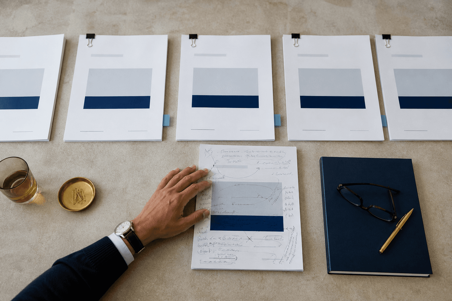 Several identical board packets beside one heavily annotated packet and a person’s hand