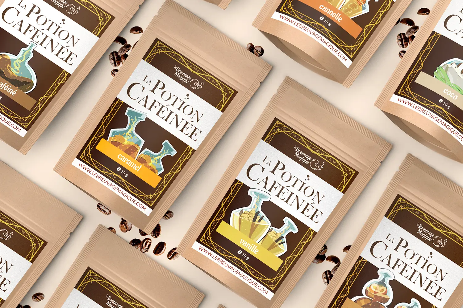 Illustrations fantasy pour les packaging sorcelleries de  la Potion Caféinée par Florian Poupon pour Le Breuvage Magique