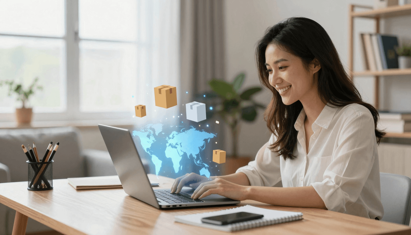 Happy seller on a laptop with a world map showing global orders and automated fulfillment